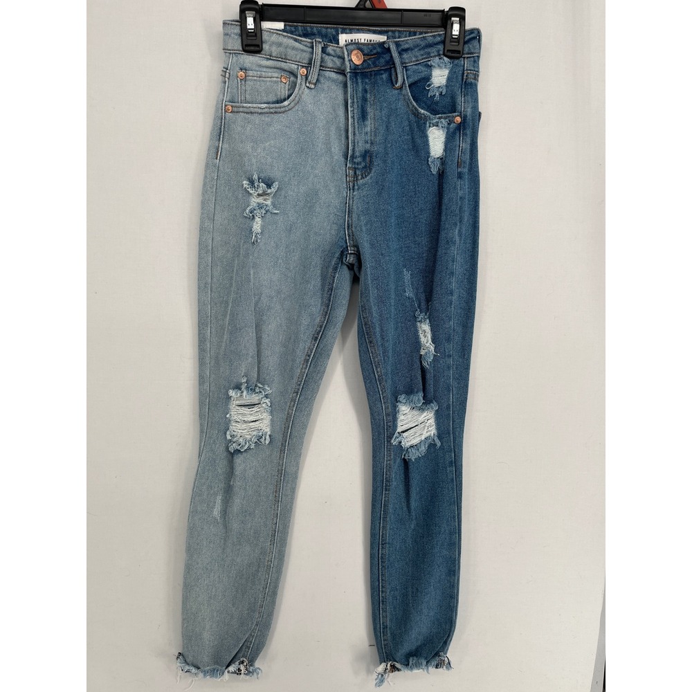 Almost Famous Two Tone Distressed Skinny Jeans Size 3 Split Wash High Rise Blue